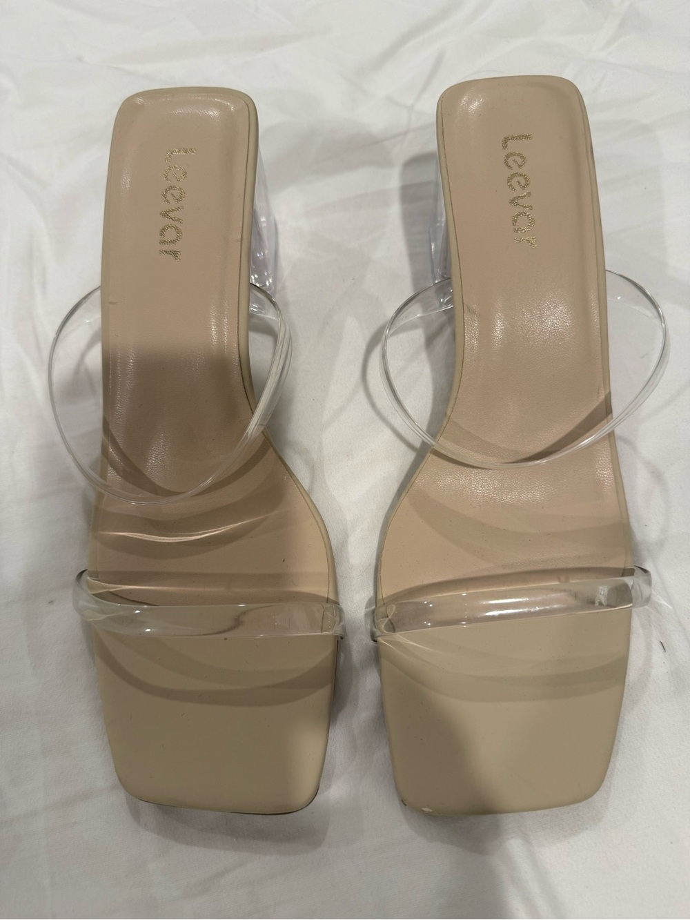 Women’s Nude Clear Strap Square-Toe Heeled Sandals Size 8.5